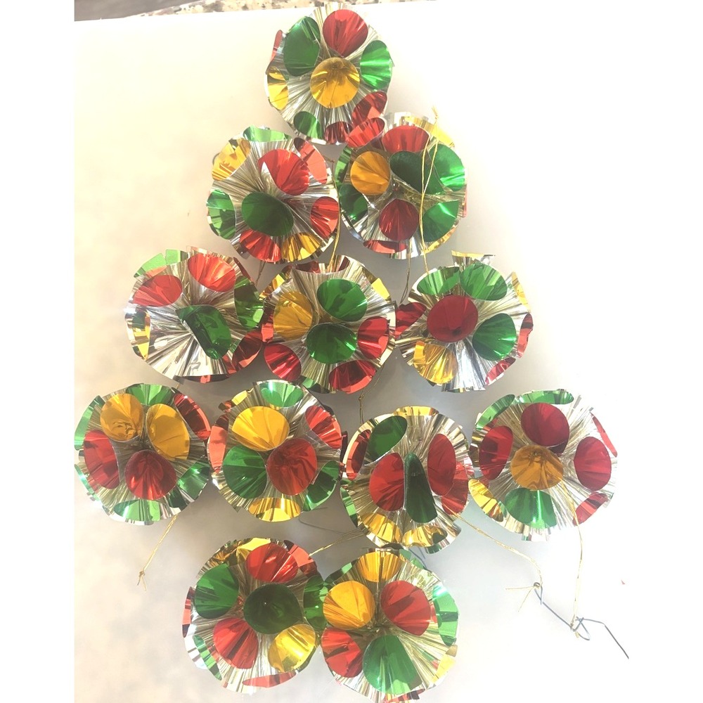 12 Vintage Foil Aluminum Pom Pom Christmas Tree Ornaments Atomic Balls 2.25"